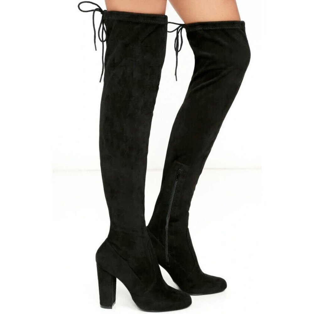 Lulus So Much Yes Black Vegan Suede Over-the-Knee Boots‎ Size 7.5 Block Heel